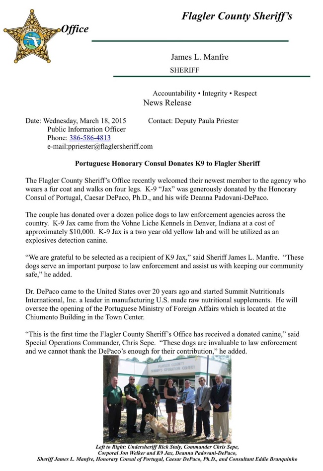 Portugese Honorary Consulate Donates K9 to Flagler Sheriff 1